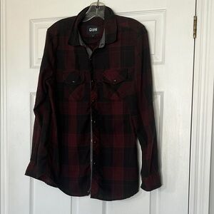 Warehouse one Men's Plaid Button-Down Shirt - Burgundy and Black